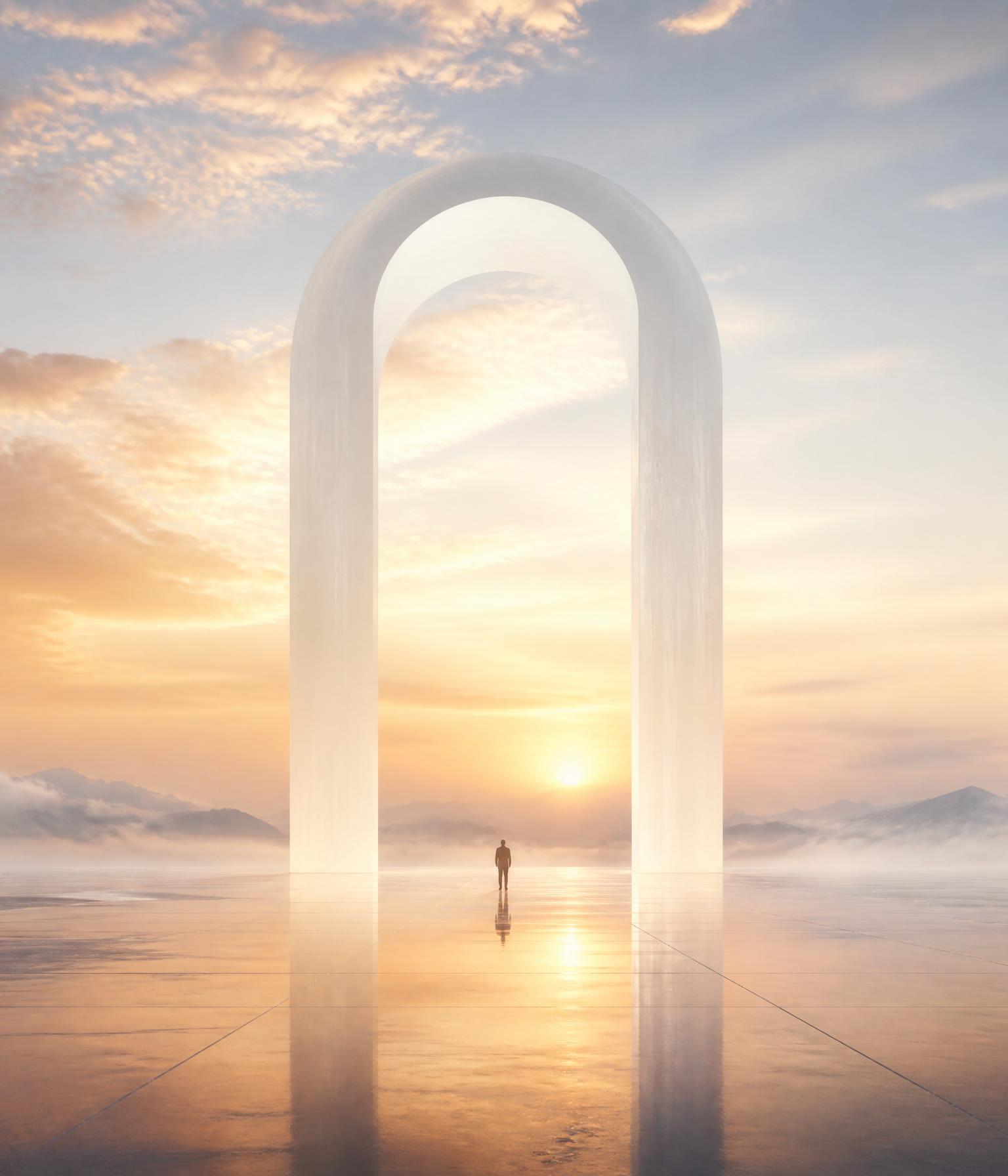 Cinematic dawn portal glowing above a reflective landscape.