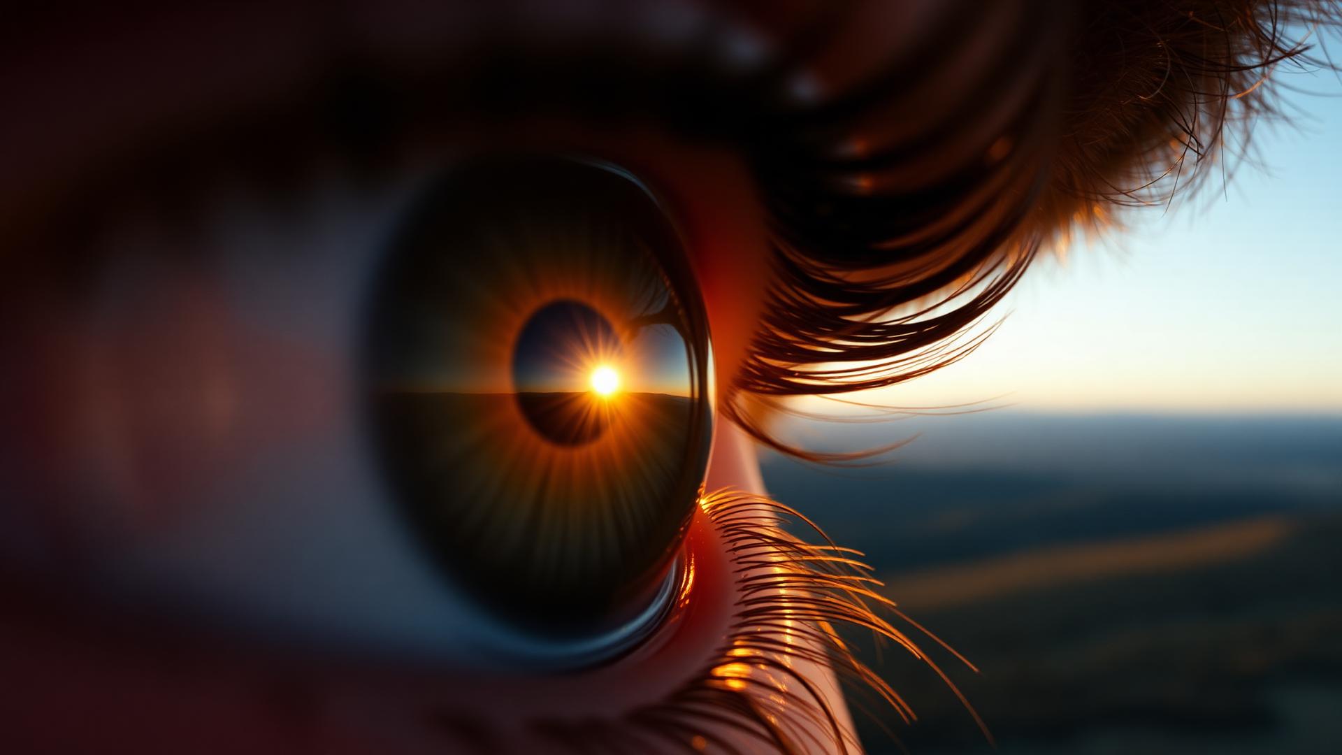 Macro eye reflecting warm golden light and a distant horizon.