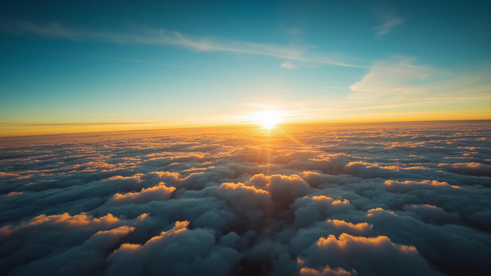Aerial view of a glowing cloud sea at sunset.
