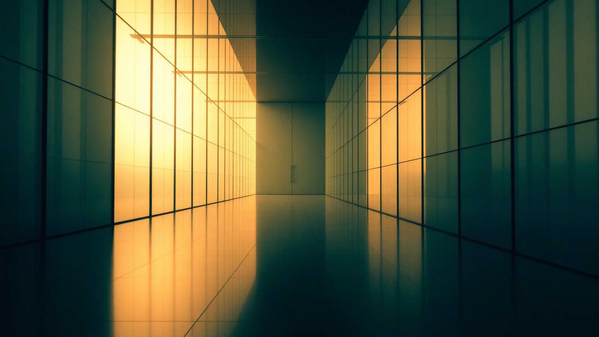 Minimalist glass corridor of light receding into warm glow.